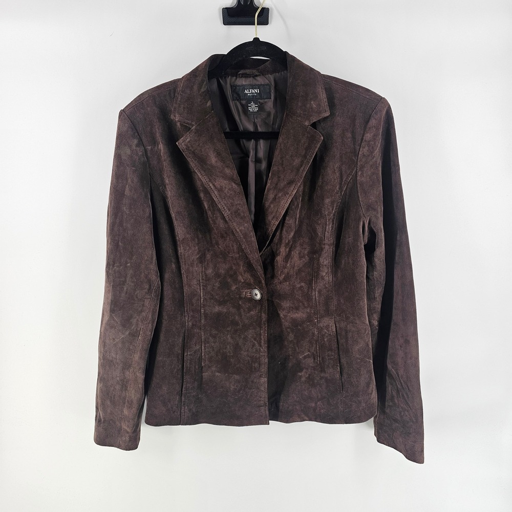 Chocolate Brown Leather Suede Blazer Jacket Womens L Petite 90s Minimalist Y2K